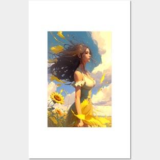 Lovely Woman In A Sun Dress Walking Through A Field of Yellow Flowers Posters and Art